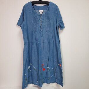 Country Store Catalog Denim Floral Embroidered Dress Size Large Blue Pintucked